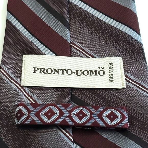 Pronto Uomo Maroon Gray Woven Striped Wide Silk Tie - Picture 3 of 6